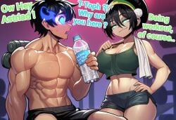abs ai_generated astriad_(cocky69) avatar biceps big_boobs big_breasts black_hair blue_eyes boobs breasts cocky69 comic_page crop_top english_text female fit fit_body fit_male hi_res male male/female pecs sexy sexy_body sexy_female shorts sweating text toph_bei_fong
