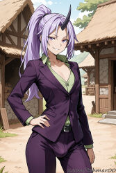 1boy ai_generated belt bulge cleavage collarbone collared_shirt cowboy_shot day femboy formal genderswap genderswap_(ftm) green_shirt grin hand_on_hip horns jacket long_hair long_sleeves looking_at_viewer male oni oni_horns outdoors pants ponytail purple_eyes purple_hair purple_jacket purple_pants shion_(tensei_shitara_slime_datta_ken) shirt single_horn sky smile solo standing suit tehmar tensei_shitara_slime_datta_ken that_time_i_got_reincarnated_as_a_slime trans_woman transfem trap tree