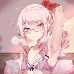 1girls 2d ? ai_generated akiyama_mizuki arm_behind_head arm_up armpit_fetish armpits blush bow bra breasts closed_mouth collarbone confused frills glasses hair_ribbon indoors long_hair looking_at_viewer nightcordsrose pillow pink-framed_eyewear pink_bra pink_eyes pink_hair project_sekai ribbon semi-rimless_eyewear side_ponytail sidelocks small_breasts solo steam sweat sweatdrop underwear upper_body