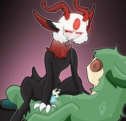 absurd_res andromorph antennae_(anatomy) black_body bodily_fluids bulge cum dildo drooling genital_fluids glowing hair hi_res humanoid intersex male monster multi_eye nethermare objectophilia plushie red_eyes saliva sex_toy shizameakanzatsu solo squish white_hair