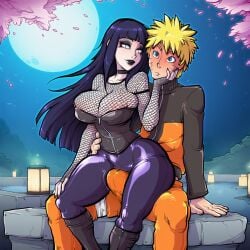 1boy 1girl ai_generated bed black_lipstick blush bustybunz close-up commentary_request dominant_female femdom fishnets goth goth_makeup hand_on_face huge_breasts hyuuga_hinata latex looking_at_another makeup naruto_(series) naruto_shippuden naruto_uzumaki shiny_clothes sweat tagme tight_clothes uzumaki_naruto