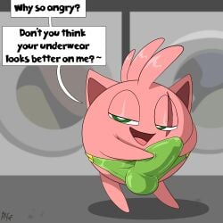 balls_outline bulge bulge_rubbing clothed clothing creampuff_(tepigfan101) detailed_bulge dialogue erection erection_under_clothing eye_scar facial_scar fuf generation_1_pokemon genital_outline hi_res jigglypuff male nintendo panties penis_outline pokemon pokemon_(species) scar solo supervillain taunting tenting underwear underwear_only underwear_theft waddling_head