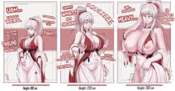 1female 1girls 2d 2d_(artwork) big_breasts blush blushing breast_expansion breasts breasts_out clothes_ripping commission giantess giantess_growth growing growing_out_of_clothes growth growth_sequence height_growth hiyuki_(wuthering_waves) juliansky large_breasts nervous nipples red_eyes ripped_clothing sequence tall_female text white_hair wuthering_waves