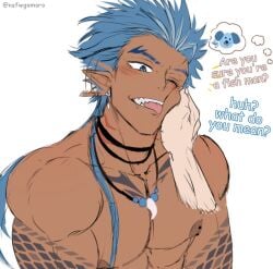 arm_tattoo biceps blue_eyes blue_hair blush earrings elf_ears gomoro male_only neck_tattoo necklace nipple_piercing pecs ponytail sharp_teeth short_hair shoulders union_max