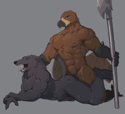 absurd_res anal anal_penetration balls blaidd_(elden_ring) elden_ring elden_ring_nightreign fromsoftware genitals guardian_(nightreign) hi_res jrjresq male male/male male_penetrated male_penetrating melee_weapon open_mouth penetration penis polearm simple_background tail weapon