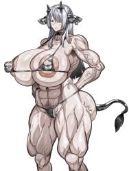 1girls abs ak-15_(girls'_frontline) animal_print ass bikini bodybuilder breasts breasts_bigger_than_head bride cow_print cow_print_bikini cow_tail female_bodybuilder fundoshi girls'_frontline highres huge_areolae huge_ass huge_breasts huge_nipples japanese_clothes long_hair muscular muscular_arms muscular_female muscular_thighs pregnant print_bikini pubic_hair revealing_clothes slavsegger super_breasts swimsuit tail white_hair