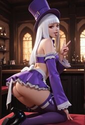 1girl ai_generated apron ass bow bowtie bustier detached_sleeves frilled_thighhighs frills ingrid_(capcom) long_hair looking_back medium_breasts midnight_bliss official_alternate_costume peace_sign red_eyes solo solo_focus street_fighter street_fighter_6 top_hat waist_apron white_hair