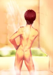 1boy ass back bathroom bathtub commentary_request completely_nude cowboy_shot emiya_shirou facing_away fate/stay_night fate_(series) from_behind hand_on_own_shoulder highres indoors lvlv male_focus nude partial_commentary red_hair short_hair showering solo standing steam testicles