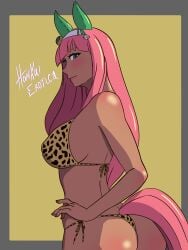 ass bikini blonde_hair butt dark-skinned_female dark_skin green_eyes gyaru horse_ears horse_girl kemonomimi pink_hair sexy sexy_female sexy_pose silence_suzuka_(umamusume) tanned thong umamusume_pretty_derby