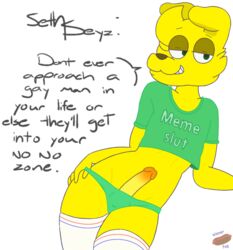 2017 advice anthro bedroom_eyes circumcised clothing dialogue digital_media_(artwork) english_text half-closed_eyes humanoid_penis lagomorph legwear looking_at_viewer male male_only mammal panties penis rabbit seductive simple_background smile solo standing stockings text underwear watermark wiener-fag