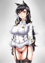 animal_ears atago_(azur_lane) azur_lane black_hair breasts brown_eyes female female flashing fox_ears garter_belt garter_straps gloves highres large_breasts lifted_by_self long_hair looking_at_viewer military_uniform miniskirt mole nattapuumuu no_panties pubic_hair pussy skirt skirt_lift smile solo standing uncensored uniform very_long_hair white_gloves