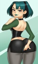 1girls ai_generated back_view blue_eyes cartoon_network digging_up_in_they_ass female fusionfall goth_girl gwen_(tdi) solo solo_female teal_lipstick total_drama_island two-tone_background two-tone_hair