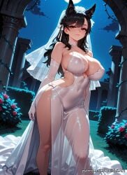 1girl 2026 ai_generated animal_ears anime atago_(azur_lane) azur_lane bangs bare_shoulders black_hair blush boobs breasts bridal_veil brown_eyes cat_ears cleavage closed_mouth covered_navel covered_nipples crossover dress elbow_gloves extra_ears eye_contact female female_focus flower flushed gloves hair_ribbon handwear highres huge_breasts large_breasts long_hair looking_at_viewer mole mole_under_eye neutral_expression night night_sky nsfw outdoors patreon pillar ribbon rognezart see-through sky smile smiling solo standing star_(sky) swept_bangs thick_thighs thighs veil very_long_hair wedding_dress white_choker white_dress white_gloves white_ribbon
