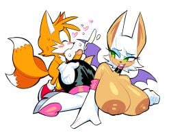 alternate_hairstyle anthro bedroom_eyes big_breasts blush bodily_fluids breasts breasts_bigger_than_head buttjob cum duo ejaculation female genital_fluids hi_res hot_dogging huge_breasts large_breasts male male/female miles_prower narrowed_eyes rouge_the_bat seductive sega sex size_difference sonic_the_hedgehog_(series) theguywhodrawsalot young younger_male