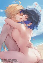 1boy 1girl 2026 aether_(genshin_impact) ahoge ai_generated arms_around_neck ass back beach black_hair blonde_hair blue_hair blue_nails blue_sky blush bob_cut braid breast_press breasts closed_eyes cloud completely_nude day diagonal_bangs earrings french_kiss genshin_impact girl_on_top heart hetero highres hug jewelry kiss kissing large_breasts long_hair mole mole_on_breast motion_lines multicolored_hair nipples nsfw nude ocean open_mouth outdoors serain sex short_hair sitting sitting_on_person sky straddling sweat thighs tongue tongue_out two-tone_hair uncensored upright_straddle water yelan_(genshin_impact) yellow_eyes