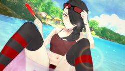 1girls amber_eyes black_hair black_hair_female cinder_fall hair_over_one_eye half-dressed half_naked half_naked_female logang45 pool popsicle rwby solo_female sunglasses sunglasses_on_head