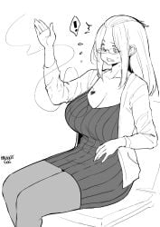 1girl aliasing artist_name bangs_pinned_back breasts bug cleavage clenched_teeth curvy dress feet_out_of_frame fly flying_sweatdrops glasses greyscale highres inne_sulistya_robin insect large_breasts legs_together long_hair monochrome norman_maggot original short_dress simple_background sitting solo spoken_exclamation_mark sweatdrop teeth white_background