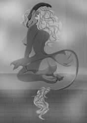 absurd_res anthro bath bath_house breasts butt dragon female hi_res hip_wings kneeling misterluk monochrome mythological_creature mythological_scalie mythology non-mammal_breasts scalie solo tail unusual_wing_placement wet