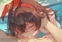1boy 1girl 2026 ai_generated amber_(genshin_impact) blush breasts brown_hair carmeno censored completely_nude cum cum_in_mouth deepthroat fellatio genshin_impact hairband hetero highres irrumatio long_hair medium_breasts mosaic_censoring nipples nsfw nude oral partially_submerged penis pool pov shared_bathing solo_focus tears uncensored water wet