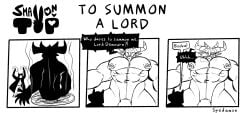 blush blushing comic demon dialogue english_text flattered gay horns looking_at_another looking_down male male_only muscular muscular_male nude pecs penis size_difference spedumon summoning summoning_circle text