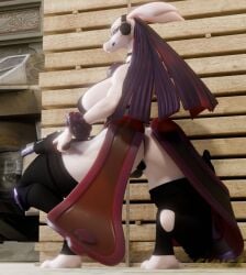 3d_(artwork) anthro anus butt clothing colored crouching digital_media_(artwork) digitigrade electronics female gun headgear headphones headset holding_gun holding_object holding_ranged_weapon holding_weapon holstered_pistol holstered_weapon legwear lovander pal_(species) palworld pocketpair ranged_weapon rear_view scalie solo synca thigh_highs weapon
