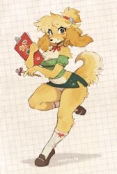 2026 4_fingers animal_crossing anthro arm_tuft artist_name bare_shoulders belly_tuft biped blush bottomwear breasts butt canid canine canis clothed clothed_anthro clothing countershade_torso countershading curvy_figure detailed digital_drawing_(artwork) digital_media_(artwork) domestic_dog female female_anthro fingers footwear front_view full-length_portrait hair happy hi_res holding_object isabelle_(animal_crossing) leg_tuft looking_at_viewer mammal navel_tuft nintendo partially_clothed_anthro partially_clothed_female portrait pose shih_tzu shoes shoulder_tuft smile socks solo standing tail text thigh_tuft topwear toy_dog tuft waspsalad