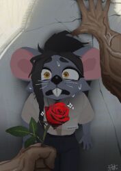 anthro anthro_female black_nose buckteeth dark-skinned_male el-k embarassed_female embarrassed eyeliner female first_person_view formal_clothes formal_wear furry furry_female hmofa human_hands human_male_on_anthro_female jeans mouse mouse_ears mouse_girl muscular_arms muscular_male nervous nervous_expression nervous_female nervous_sweat oc office_clothing original original_character pov proposal rat rat_ears rat_girl rodent rodent_humanoid romantic rose rose_(flower) shadow shocked shocked_expression shocked_face shorter_female sidecut sweat sweatdrop taller_male thick_eyebrows unexpected veins veins_on_arms vibrissae whiskers