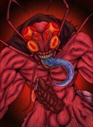 4_arms 4_eyes 8_eyes absurd_res acqua_lizard anthro arthropod attack balls blattodean bodily_fluids cockroach cursed_spirit cursed_spirit_(jujutsu_kaisen) eyes genital_fluids genitals hi_res humanoid insect jujutsu_kaisen knot knotted_penis kurourushi male male/male monster multi_arm multi_eye multi_limb muscular muscular_anthro muscular_male penis precum red_eyes shell solo spirit teeth tongue tongue_out vein veiny_muscles veiny_penis yellow_body