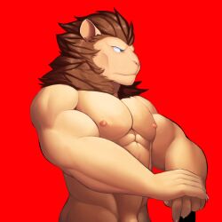 1:1 abs anthro barely_visible_genitalia barely_visible_penis biped blue_eyes brown_mane claws felid flaccid fur genitals half-length_portrait hands_crossed hi_res jrjresq lion male mammal mane muscular muscular_anthro muscular_male nipples nude pantherine pecs penis pink_nipples pink_nose portrait red_background side_butt simple_background solo tan_body tan_fur three-quarter_view white_claws