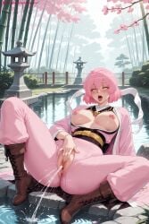 1girl ai_generated anus bodysuit boots breasts brown_footwear censored cherry_blossoms collar cum day female_ejaculation hi_res high_quality high_resolution huge_penis jigokuraku kiraamane masturbation mosaic_censoring nipples open_mouth outdoors patreon pink_hair pink_kimono pussy pussy_juice seductive sexy short_hair solo spread_legs tao_fa tongue tree uncensored watermark weapon