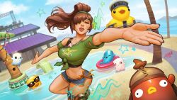 ass_hanging_out_of_shorts brown_hair eyes_closed fortnite green_clothing hair_over_one_eye happy large_breasts midriff official_art pj_(fortnite) ponytail revealing_clothes short_shorts thick_ass thick_thighs