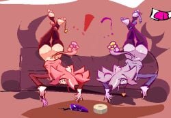 ! 2girls ? bottomless couch deltarune deltarune_chapter_5 feet mad_mew_mew panties panties_hanging_from_feet pawpads pink_hair purple_hair stirrup_legwear tank_top transgender