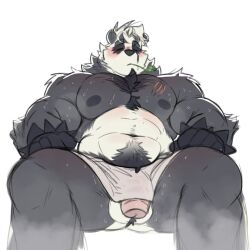 1boy abs artist_request ass bara biceps black_fur blush chest_hair closed_eyes closed_mouth english_commentary flaccid foreskin furry furry_male highres iwakasad male_focus mouth_hold multicolored_fur muscular muscular_male naked_towel navel nipples pangoro pectorals penis plump pokemon pokemon_(creature) scar scar_on_cheek scar_on_face sitting stalk_in_mouth stomach_hair sweat testicles topless_male towel very_sweaty white_fur