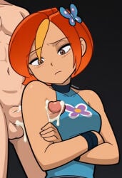 1boy 1girls ai_generated armpit_fetish armpit_sex brown_eyes butterfly_(planetronika) clothed_female_nude_male crossed_arms cum cum_on_armpit cum_on_penis cumdrip hair_ornament hi_res looking_down orange_hair penis pitxoai planetronika short_hair sleeveless testicles turtleneck two-tone_hair watermark