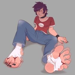 1female 1girls 2d 2d_(artwork) beauty_mark big_feet black_fingernails black_nails black_toenails brown_hair choker ear_piercing feet foot_fetish foot_focus foot_growth growing growth large_feet looking_at_viewer nervous original_character solo_female sweatdrop unknown_artist wristband yellow_eyes