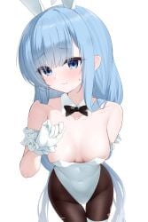 1girl absurdres animal_ears arm_behind_back azur_lane bare_shoulders black_bow black_bowtie blue_eyes blue_hair blush bow bowtie breasts bunny_ears bunnysuit cleavage commentary_request covered_navel detached_collar embarrassed from_above gloves hair_between_eyes hand_up highleg highleg_leotard highres hip_focus janus_(a_lesson_in_billiards)_(azur_lane) janus_(azur_lane) leotard long_hair looking_at_viewer looking_up medium_breasts nervous official_alternate_costume pantyhose playboy_bunny rabbit_ears small_breasts solo standing strapless strapless_leotard thigh_gap very_long_hair wavy_mouth white_gloves white_leotard zerotwenty_(020)