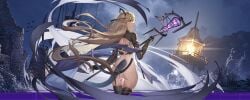 1girl absurdres arknights ass black_gloves black_pantyhose black_thighhighs blonde_hair breasts gloves hair_spread_out highres holding holding_staff indigo_(arknights) knight_fault long_hair pantyhose pointy_ears purple_eyes pussy shrug_(clothing) snake_girl snake_tail staff tail thighhighs uncensored very_long_hair