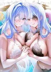 2girls absurdres azur_lane bare_shoulders bikini black_bikini black_flower black_vs_white blue_eyes blue_hair breast_press breasts cleavage commentary dual_persona elbow_gloves emden_(azur_lane) fingerless_gloves flower flower_over_eye gloves highres interlocked_fingers large_breasts long_hair looking_at_viewer multiple_girls official_alternate_costume red_eyes swimsuit symmetrical_docking tansuan_(ensj3875) very_long_hair white_bikini white_flower white_gloves