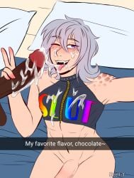 2boys abs after_blowjob after_fellatio balls bed big_penis blowjob crop_top cum cum_in_mouth cum_on_body cum_on_face dark-skinned_male dark_skin dripping_cum fangs fellatio femboy fit gay gay_male grey_hair hand_on_penis interracial limel male male_only oc oral peace_sign penis purple_eyes snapchat spiked_choker text tongue tongue_out veiny_penis winking_at_viewer yaoi