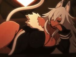 1girls 2d abs animal_ears animated ass atheltic athletic athletic_female bandeau bandeau_bikini bandeau_bra belly_scar big_breasts blinking bra breasts cat_ears cat_girl cleavage clothed clothed_female dark-skinned_female dark_skin detailed_background exposing exposing_self eye_patch facial_scar female fit fit_female flashing_bra ghislaine_dedoldia hair_between_eyes hand_on_cheek huge_breasts inner_ear_fluff jacket kemonomimi large_breasts lifting_clothing long_hair long_sleeves loop looping_animation lying_on_side midriff mouth_closed movement muscular muscular_female mushoku_tensei mushoku_tensei:_isekai_ittara_honki_dasu nails navel on_side opening_jacket panties revealing_underwear scar seductive shorter_than_5_seconds sideboob solo solo_focus tagme tail_wag thighs twistedgrim underboob underwear video wagging_tail