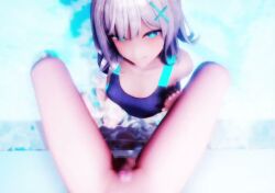 1boy 1girls 3d abydos_high_school_student blue_archive blue_eyes breasts censored clothed_female_nude_male clothing foreclosure_task_force_(blue_archive) grey_hair hair_ornament handjob light-skinned_female light-skinned_male light_skin looking_at_viewer male_pov mosaic_censoring mozuku48 one-piece_swimsuit penis pool pov shiroko_(blue_archive) shiroko_(swimsuit)_(blue_archive) small_breasts sound swimsuit tagme video water