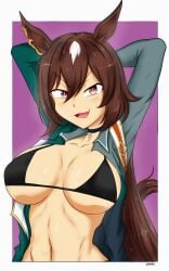1girl 1girls antropomorph artist_name belly belly_button bikini_top blouse_lift brown_hair commission commission_art digital_media_(artwork) fang horse_girl jhonnyrex long_hair open_shirt open_topwear presenting presenting_breasts provocative provocative_pose purple_eyes simple_background sirius_symboli_(umamusume) smile smiling_at_viewer smug smug_face teeth umamusume umamusume_pretty_derby upper_body
