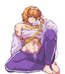1girls bandage bandages bandages_around_chest big_breasts bow breasts female freckles gold_chain gold_chains ishmael_(limbus_company) limbus_company littleteze orange_hair project_moon purple_sweatpants sweatpants tattoo tattoos the_middle_(identity)_(project_moon) white_bow yellow_eyes