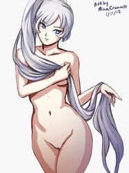 1girls 2018 bad_censor blue_earrings blue_eyes breasts cleavage covering female female_only human long_hair minacream naked nude ponytail pussy rwby shaved_pussy solo weiss_schnee white_background white_eyebrows white_hair