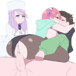 anastasia_hoshin animated ass big_ass big_penis black_hair blue_eyes cowgirl_position cuckquean embarrassed long_hair musi_cassie natsuki_subaru penetration penile_penetration penis penis_in_ass penis_in_pussy pink_eyes pink_hair purple_hair ram_(re:zero) re:zero_kara_hajimeru_isekai_seikatsu rikkachan_1117 sound tagme thick_ass thick_thighs thighhighs thighs video