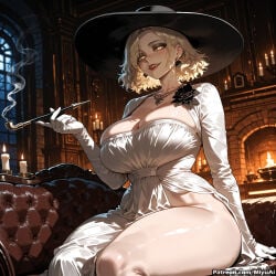 1girl ai_assisted ai_generated blonde_hair breasts candle candlestand cleavage cosplay curvaceous curvy curvy_female curvy_figure dress earrings elbow_gloves female gloves grace_ashcroft hat huge_breasts indoors jewelry looking_at_viewer miyuai orange_eyes resident_evil resident_evil_9:_requiem shiny shiny_skin short_hair sitting smile solo stool thick thick_ass thick_butt thick_hips thick_legs thick_thighs thighs voluptuous voluptuous_female white_gloves wide_hips wide_thighs witch_hat yellow_eyes