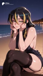 1girl 1girls absurd_res absurdres ai_generated albis_(tensei_shitara_slime_datta_ken) ass bare_arms bare_shoulders beach big_ass big_breasts black_dress black_garter_straps black_hair black_sweater black_thighhighs blonde_hair blurred_background blurry blurry_background blush breasts cartoon cartoony crossed_legs depth_of_field dress female female_focus garter_straps green_eyes hair_between_eyes hands_on_own_face head_rest hi_res high_quality high_resolution highres large_ass large_breasts lips long_hair looking_at_viewer meme_attire multicolored_hair night night_sky ocean odexai outdoors parted_lips ribbed_sweater shiny_skin sideboob sitting sky sleeveless sleeveless_sweater sleeveless_turtleneck small_waist smile solo solo_focus straight streaked_hair sweater sweater_dress tensei_shitara_slime_datta_ken that_time_i_got_reincarnated_as_a_slime thick_thighs thighhighs thighs thin_waist turtleneck turtleneck_sweater two-tone_hair virgin_killer_sweater water wide_hips window
