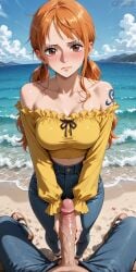 1boy 1girl ai_generated bare_shoulders beach blue_pants blue_sky blush breasts brown_eyes cleavage closed_mouth cloud collarbone crop_top cropped_shirt day denim erection fisheye frilled_shirt frills handjob hetero jeans large_breasts large_penis long_hair long_sleeves looking_at_viewer low_twintails midriff nami_(one_piece) navel ocean off-shoulder_shirt off_shoulder orange_hair outdoors pants penis pov pov_crotch sand sandals shirt shoulder_tattoo sky solo_focus standing sweat tattoo twintails uncensored veins veiny_penis water yellow_shirt
