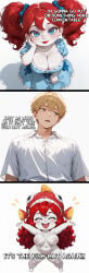 1boy 1boy1girl 1girls ai_generated bedroom_eyes big_breasts blonde blonde-haired_male blonde_hair blue_dress blue_eyes blush breasts brown_eyes butcher_(poppy_playtime) cleavage closed_eyes clothed clothed_female clothed_male clothed_male_nude_female comic curly_hair dialog dialogue dress english english_dialogue english_text eyelashes fish_hat freckles freckles_on_breasts freckles_on_face hair_down half-closed_eyes hand_on_own_face happy happy_female hips hips_wider_than_shoulders long_hair looking_at_viewer looking_away meme meme_reference naked naked_female nude nude_female open_mouth open_smile pale-skinned_male pale_skin pigtails pixai player_(poppy_playtime) poppy_(poppy_playtime) poppy_playtime protagonist_(poppy_playtime) red_hair red_lipstick reference ribbons short_hair shortstack smaller_female smile smiling smiling_at_viewer text thick_thighs thighs twintails unamused urikoito white_background white_shirt white_skin wide_hips