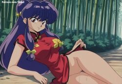 ai_generated bamboo_forest brown_eyes chinese_clothes deik0 dress dress_lift large_breasts long_hair lying narrow_waist no_panties purple_hair pussy ranma_1/2 shampoo_(ranma_1/2) solo